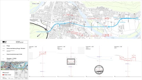 Linienführung der neuen Strassen-Zentrumsentlastung Brugg/Windisch (hellblau)