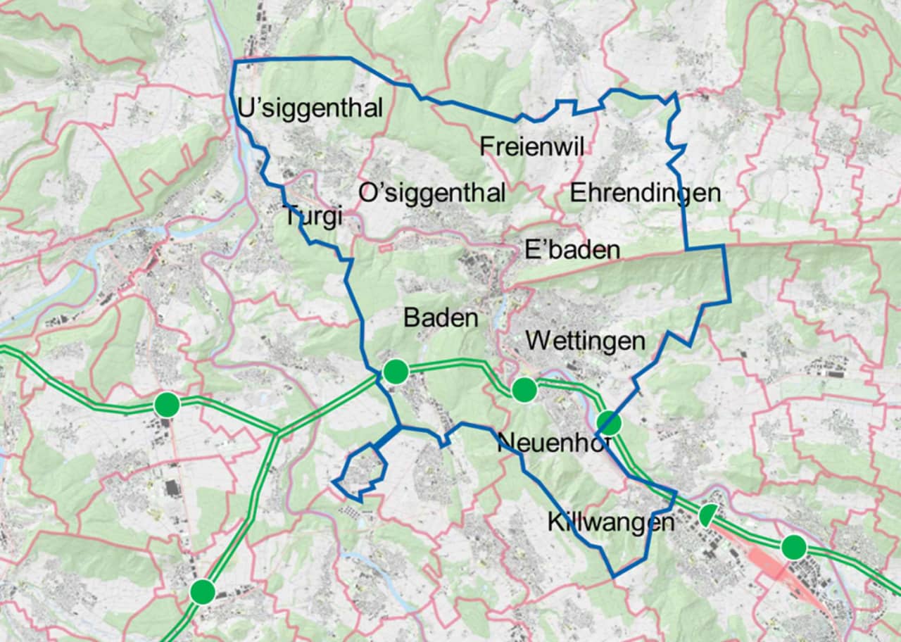 Kartenausschnitta uf dem der Perimeter des GVK Badens markiert und die darin enthaltenen Gemeinden bezeichnet sind.