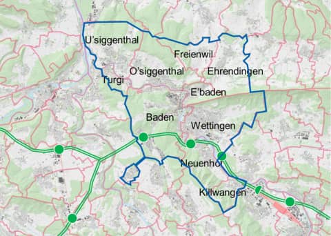 Kartenausschnitta uf dem der Perimeter des GVK Badens markiert und die darin enthaltenen Gemeinden bezeichnet sind.