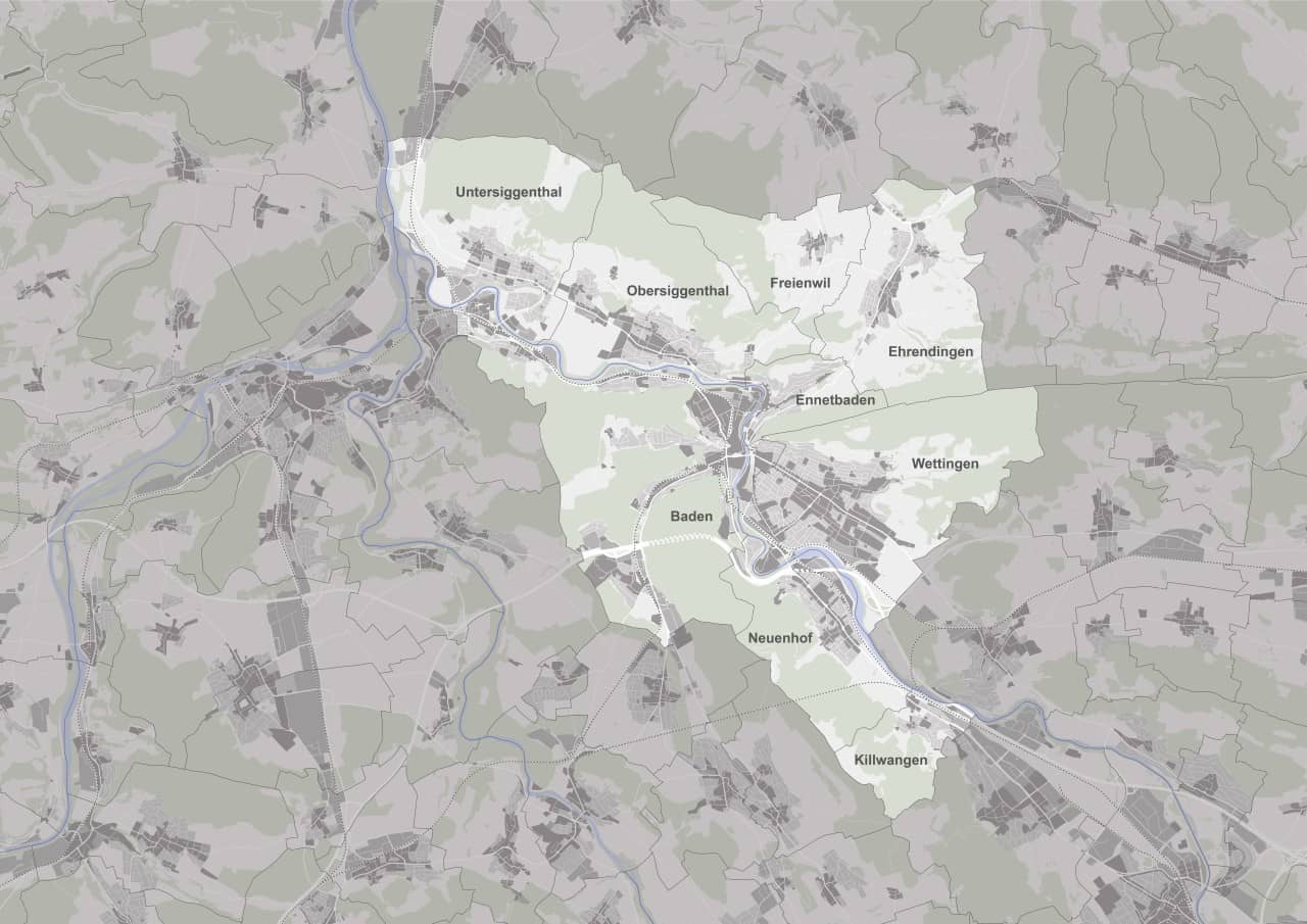 Eine Luftbildaufnahme auf der drei Regionen farblich hervorgehoben sind. die Gemeinden sind jeweils beschriftet.