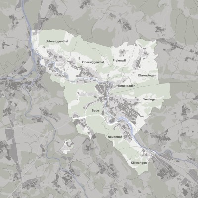 Eine Luftbildaufnahme auf der drei Regionen farblich hervorgehoben sind. die Gemeinden sind jeweils beschriftet.