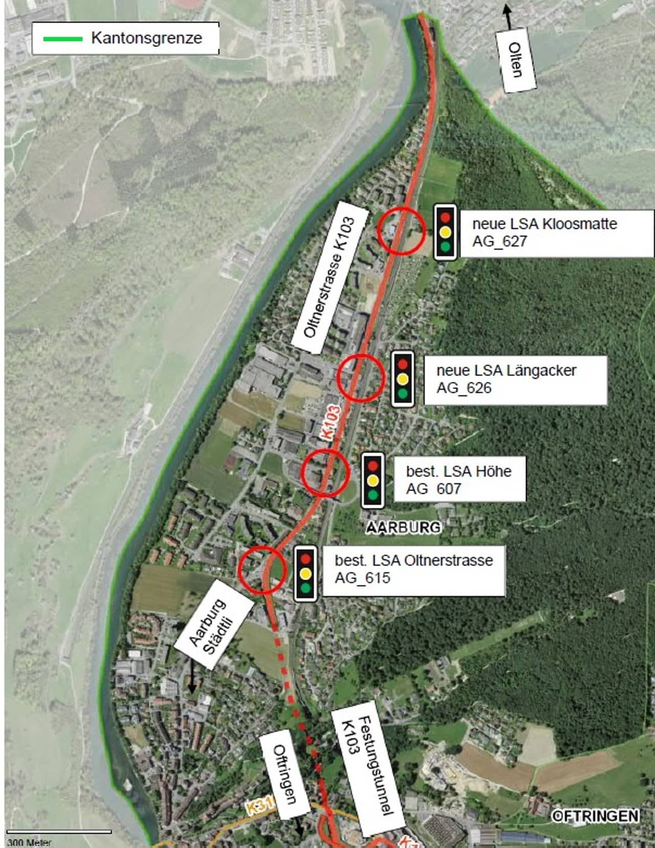 Übersicht der Lichtsignalanlagen auf dem Projektperimeter Oltnerstrasse in Aarburg