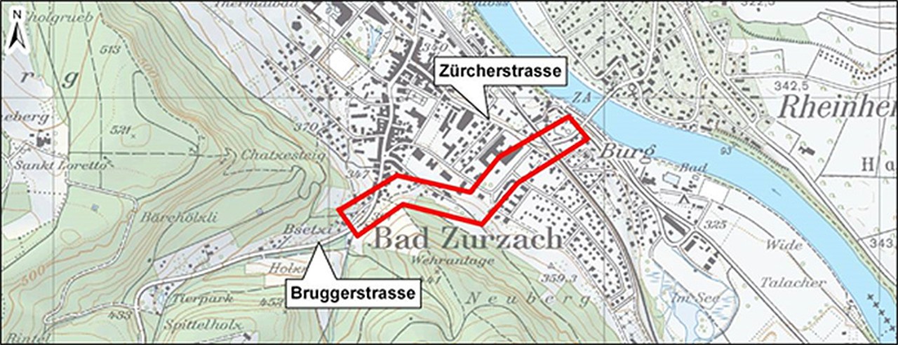 Kartenausschnitt, der den Korridor der Ostumfahrung von der Bruggerstrasse zur Zürcherstrasse zeigt