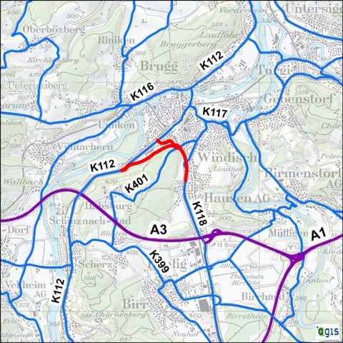 Übersichtskarte Verkehrssystem Brugg-Windisch (rot: Südwestumfahrung Brugg)