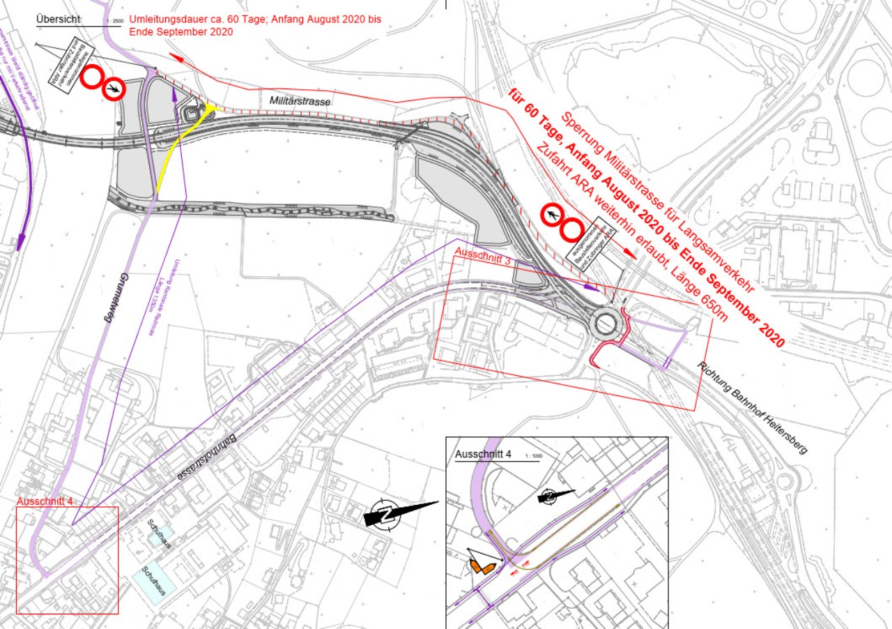Plan der Verkehrsumleitung an der Einmündung Gruemetweg und der Bahnhofstrasse 