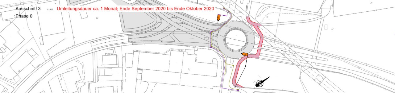 Plan der Verkehrsumleitung am Kreisel Tanklager in der Phase 0