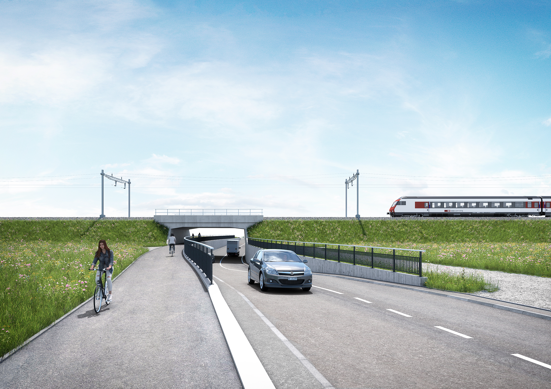 Visualisierung der neuen SBB-Brücke mit einem kombinierten Fuss- und Veloweg (© Kanton Aargau)