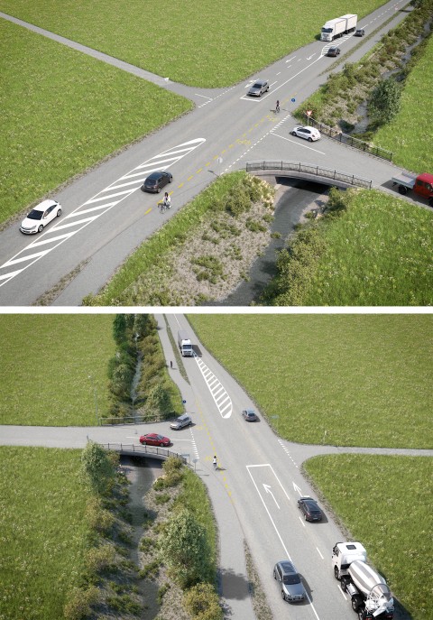 ben die Visualisierung der Kreuzung Sorenbühlweg, unten die Visualisierung der Kreuzung Wilstrasse (© Kanton Aargau)