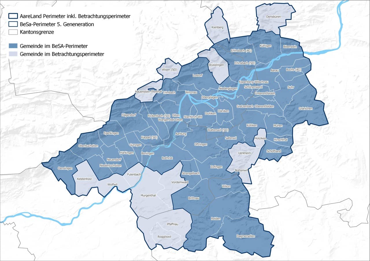 Eine Karte, auf der Beitragsberechtigten Gemeinden sowie die Gemeinden im Betrachtungsperimeter hervorgehoben sind.