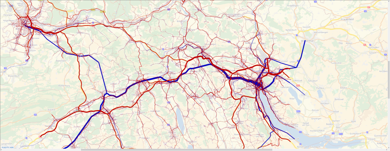 Grafische Darstellung des Kantonalen Verkehrsmodells mit den Verkehrsströmen