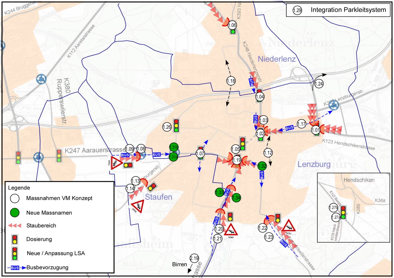 Grafik Teilkonzept Lenzburg mit den 29 baulichen und betrieblichen Massnahmen