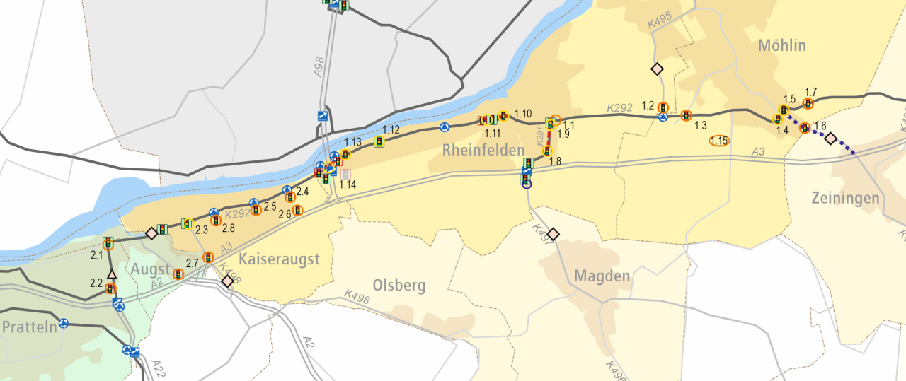 Karte des Gebiets zwischen Pratteln und Zeiningen mit eingezeichneten Radwegen, Orten wie Rheinfelden, Augst und Möhlin sowie Flusslauf des Rheins.