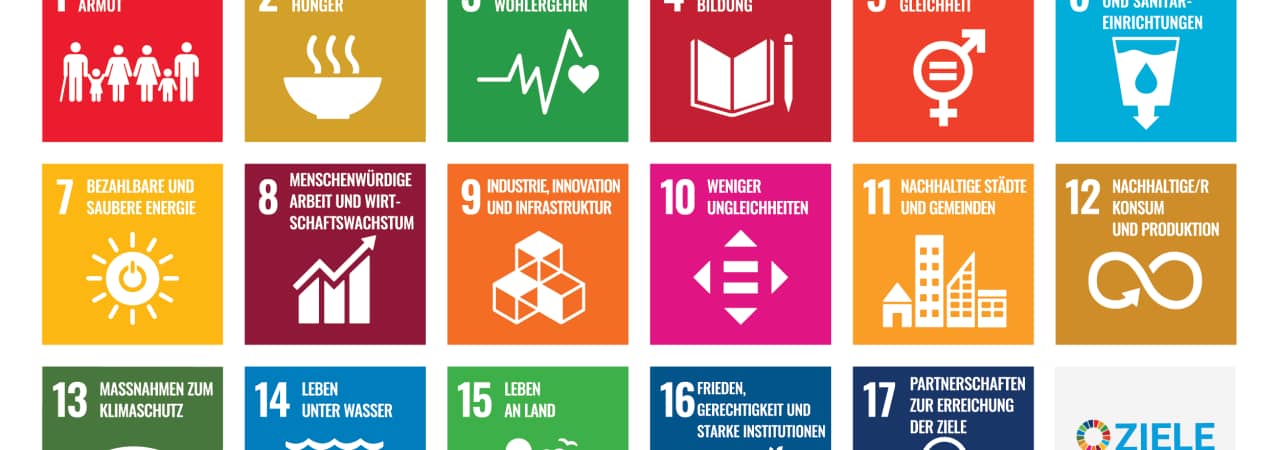 Poster mit allen Symbolen der 17 Ziele zur nachhaltigen Entwicklung (UNO) in Quadraten, welche alle eine eigene Farbe haben. 