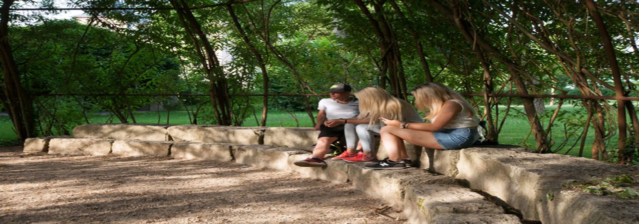 Drei Jugendliche sitzen auf den kreisförmig angeordneten Steinen im grünen Pavillon des Stadtparks in Rheinfelden.