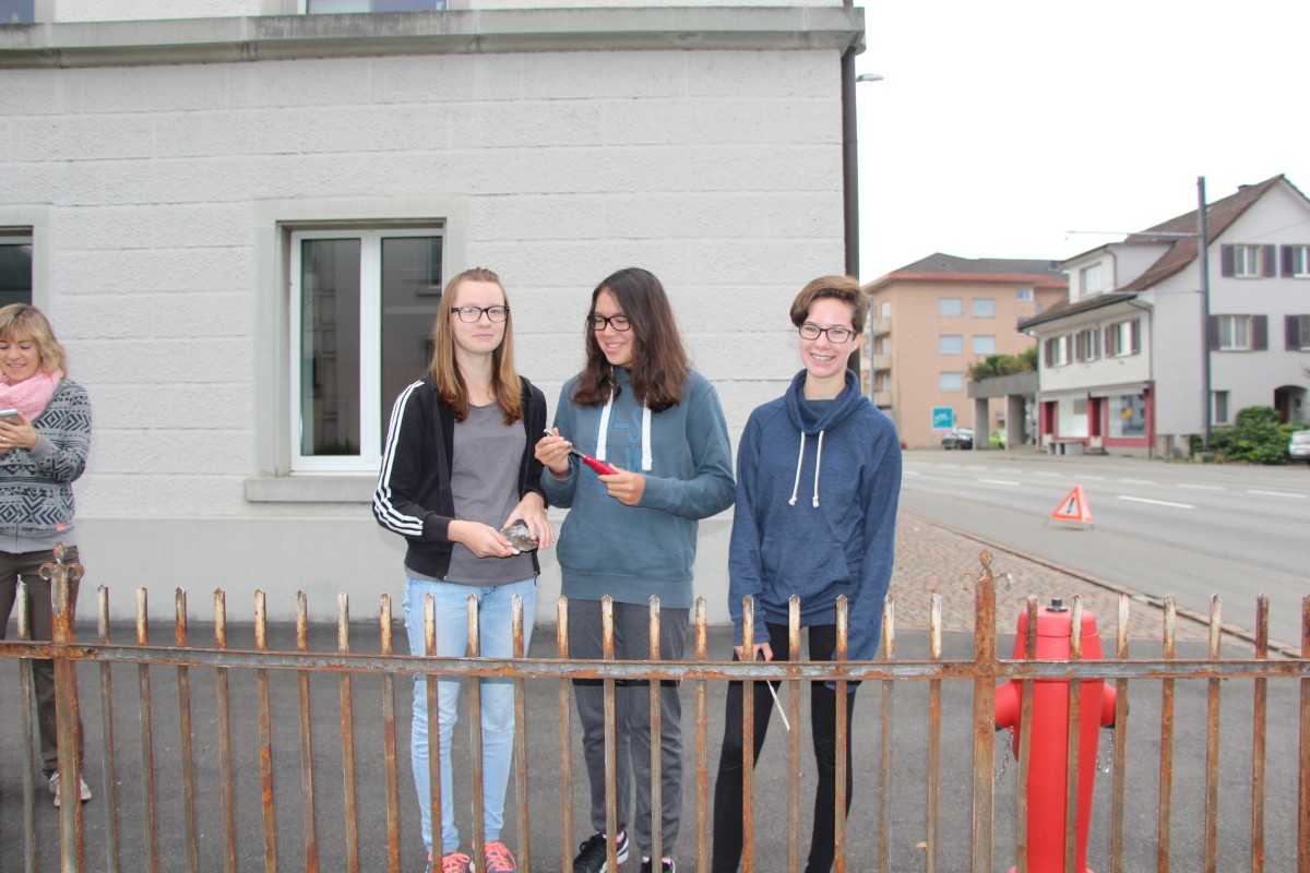 Eine Gruppe von Schülerinnen steht vorm Zaun