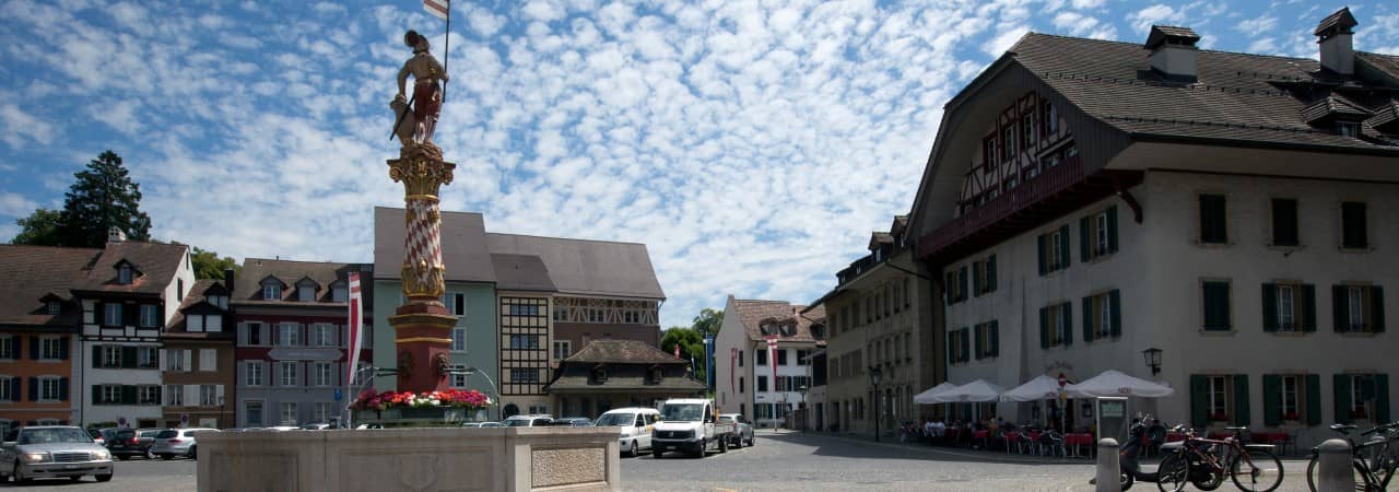 Der Brunnen und das Rathaus auf dem Niklaus-Thut-Platz in Zofingen.