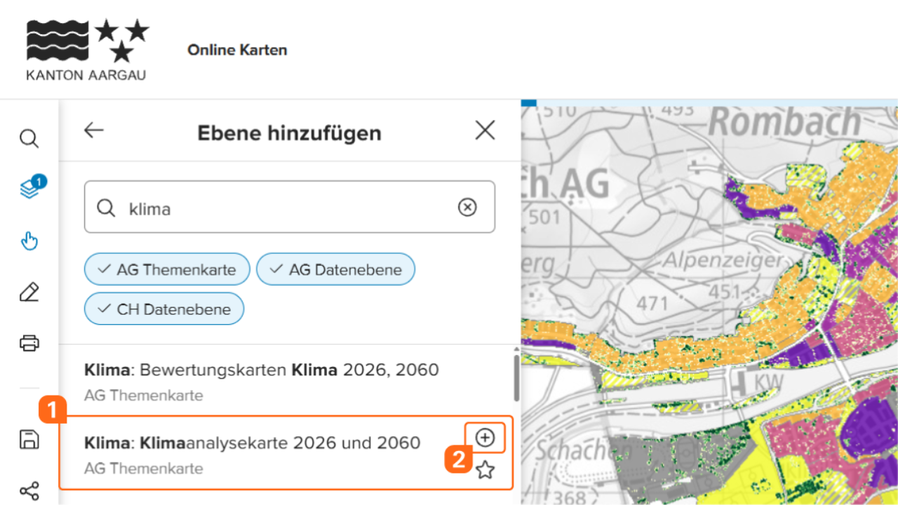 Screenshot Online Karten: Ebenen hinzufügen.