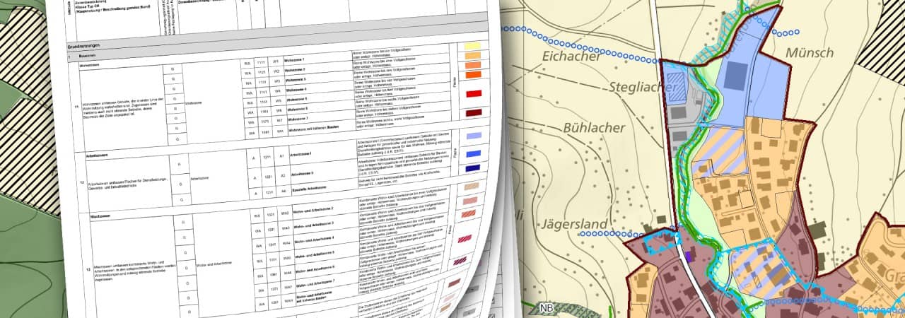 Illustration mit einem Ausschnitt aus der Zonensystematik des kantonalen Datenmodells und dem Bauzonenplan im Hintergrund.