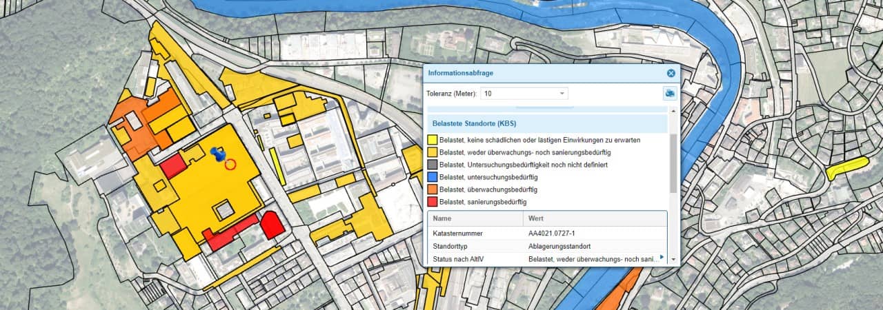 Der Screenshot aus dem Geoportal zeigt einen Ausschnitt aus der Online-Karte: Kataster der belasteten Standorte.