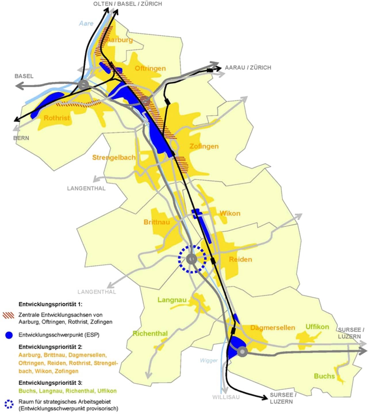 Die Karte zeigt Schwerpunkte und Prioritäten der gewünschten Entwicklung im Raum Rothrist-Zofingen-Dagmarsellen.
