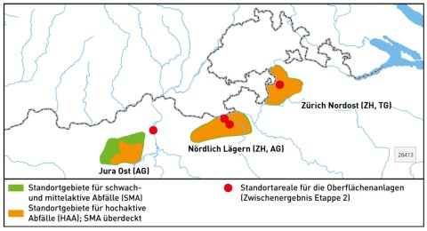Die drei möglichen Standorte für ein geologisches Tiefenlager in der Schweiz.