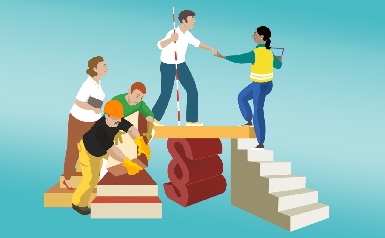 Illustration von fünf Personen, die zusammenarbeiten: Eine Frau reicht einem Mann auf einer Rampe die Hand, drei weitere arbeiten an der Rampe mit Werkzeug. Der Hintergrund ist türkis.