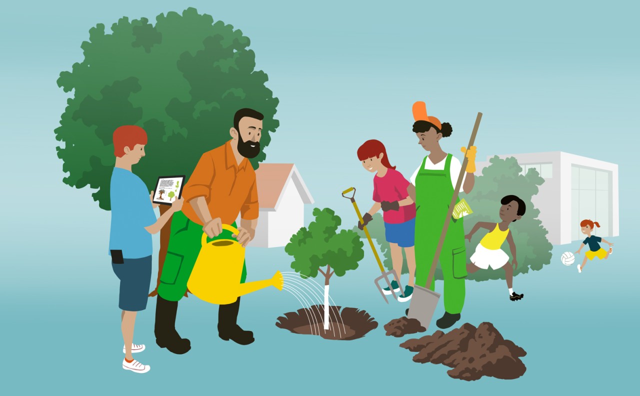 Sechs Personen pflanzen gemeinsam einen Baum in städtischer Umgebung; zwei Erwachsene graben und giessen, Kinder spielen und halten ein Tablet. Im Hintergrund Häuser und Bäume.
