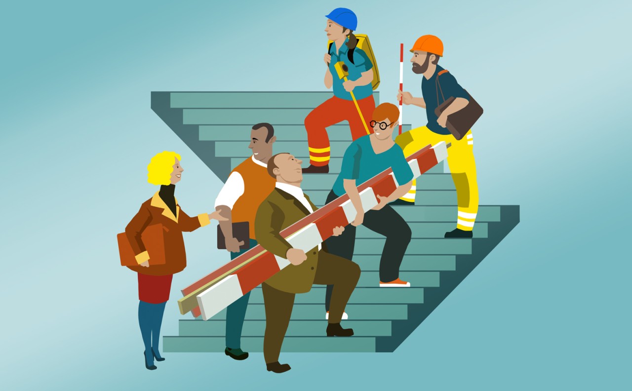 Mehrere Personen in Berufen wie Verwaltung und Bau arbeiten zusammen und stehen auf einer Treppe. Eine Person trägt Pläne, andere Werkzeuge. Der Hintergrund ist blau.
