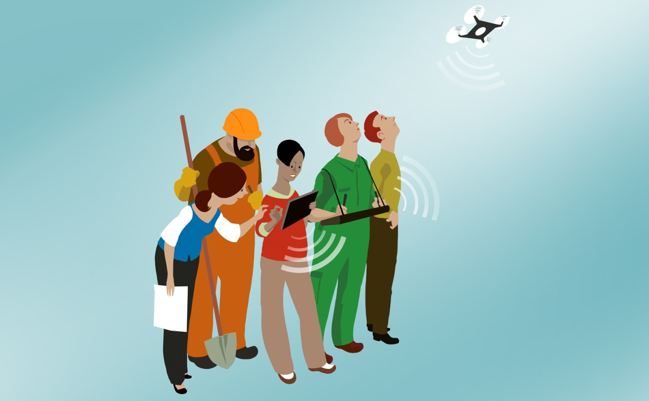 Fünf Personen aus verschiedenen Berufen beobachten und steuern eine fliegende Drohne. Zwei halten Tablets, eine Person trägt einen Schutzhelm und eine Schaufel. Um die Drohne sind Signallinien dargestellt.