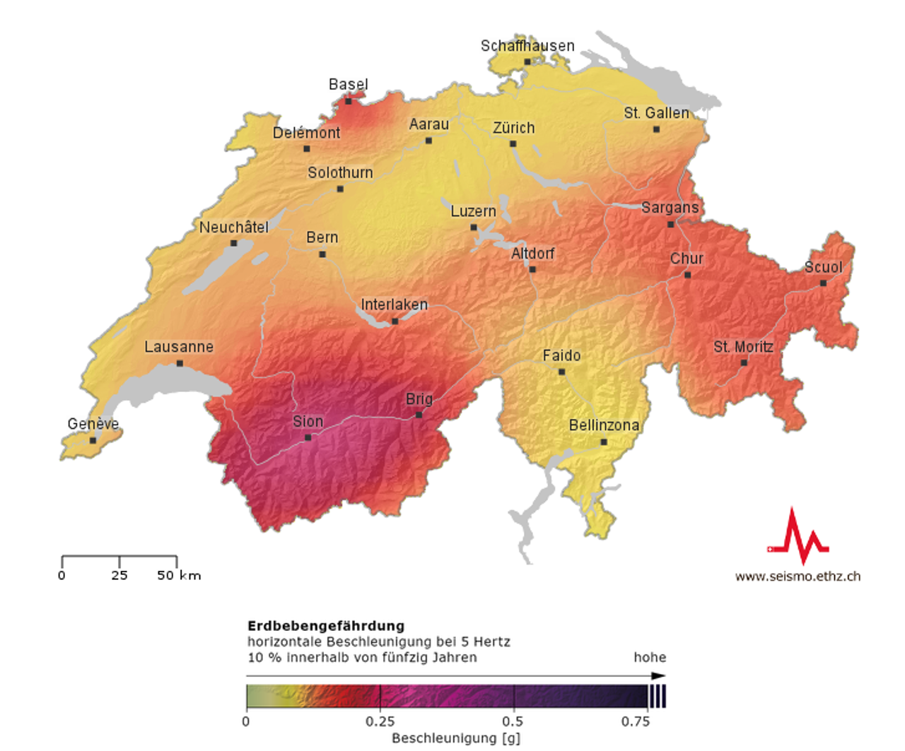Die Karte zeigt die Erdbebenegefährdung in der Schweiz. 