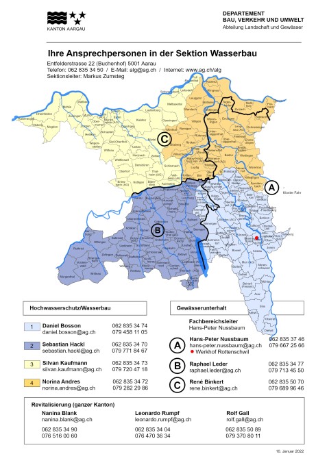 Eine Karte des Kantons Aargau, auf der die Ansprechpersonen für "Hochwasserschutz und Wasserbau" sowie für "Gewässerunterhalt" ersichtlich sind. Für Screenreadernutzer sind diese Informationen im Feld "Legende zu Bild/Grafik" abrufbar.