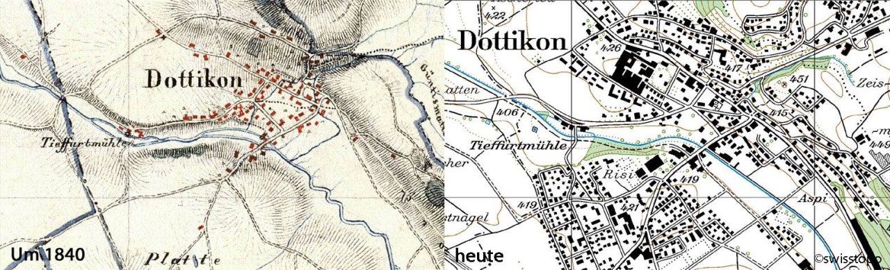 Zwei Kartenausschnitte von der Bünz in Dottikon um 1840 und heute