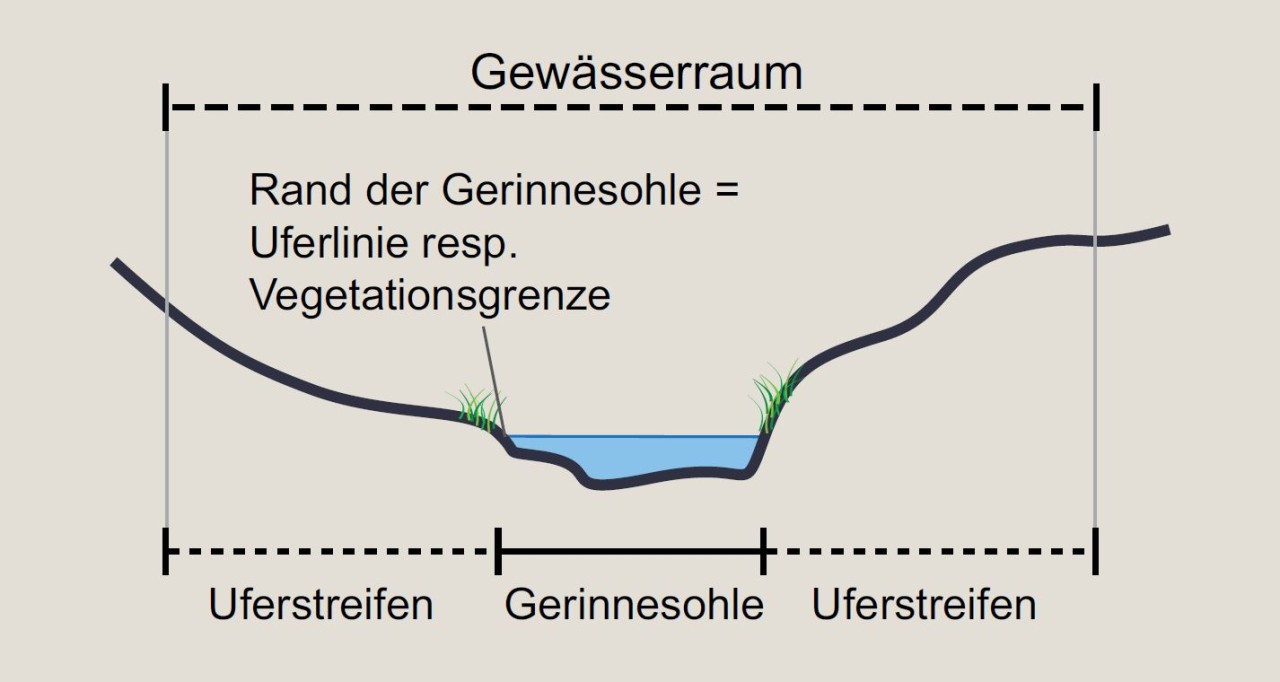 Grafik zur Veranschaulichung der Fachbegriffe (Gewässerraum, Gerinnesohle, Uferstreifen, Uferlinie)