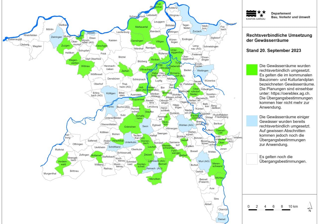 Karte des Kantons auf dem die rechtsverbindlich umgesetzten Gewässerräume farblich hervorgehoben sind.