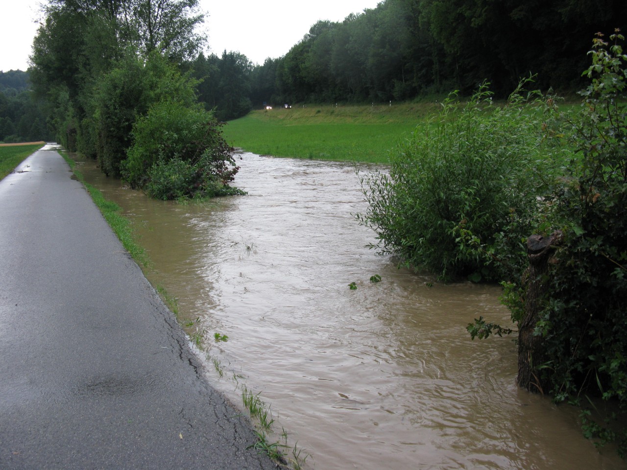 Überflutete Flächen neben der Strasse in Holziken
