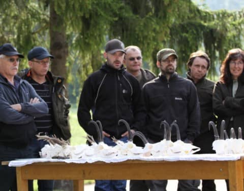 Mehrere Jungjäger stehen vor einem Tisch mit Wildtierschädeln