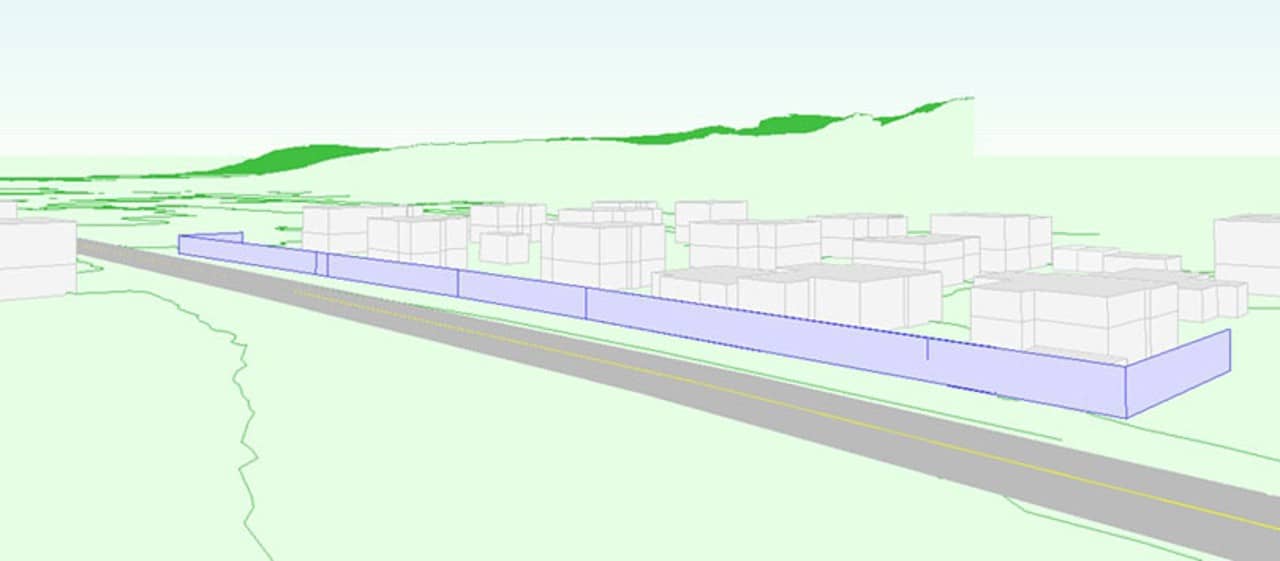 3D-Ansicht mit einer eingezeichneten Lärmschutzwand LSW, dass die mehrere Gebäude vor Strassenlärm schützt
