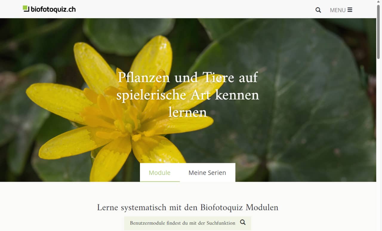 Screenshot vom Biofotoquiz, einer Lernplattform für Tier- und Pflanzenarten