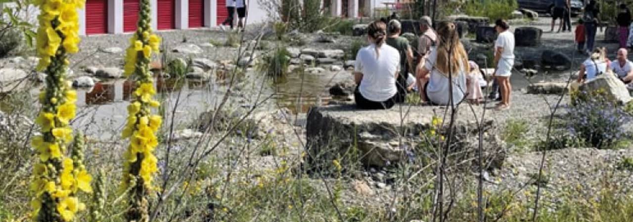 Menschengruppe sitzt auf naturnah gestalteter Brachfläche
