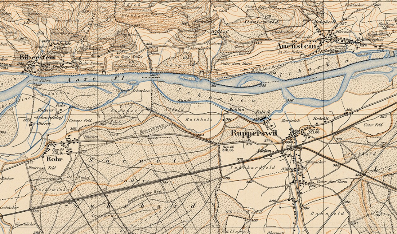 Ausschnitt aus der Siegfriedkarte von 1880, in dem das damals natürliche Auengebiet Rohr-Rupperswil zu sehem ist. 