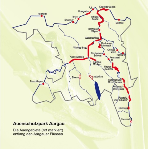 Die Kantonskarte mit den eingezeichneten Auengebiete.