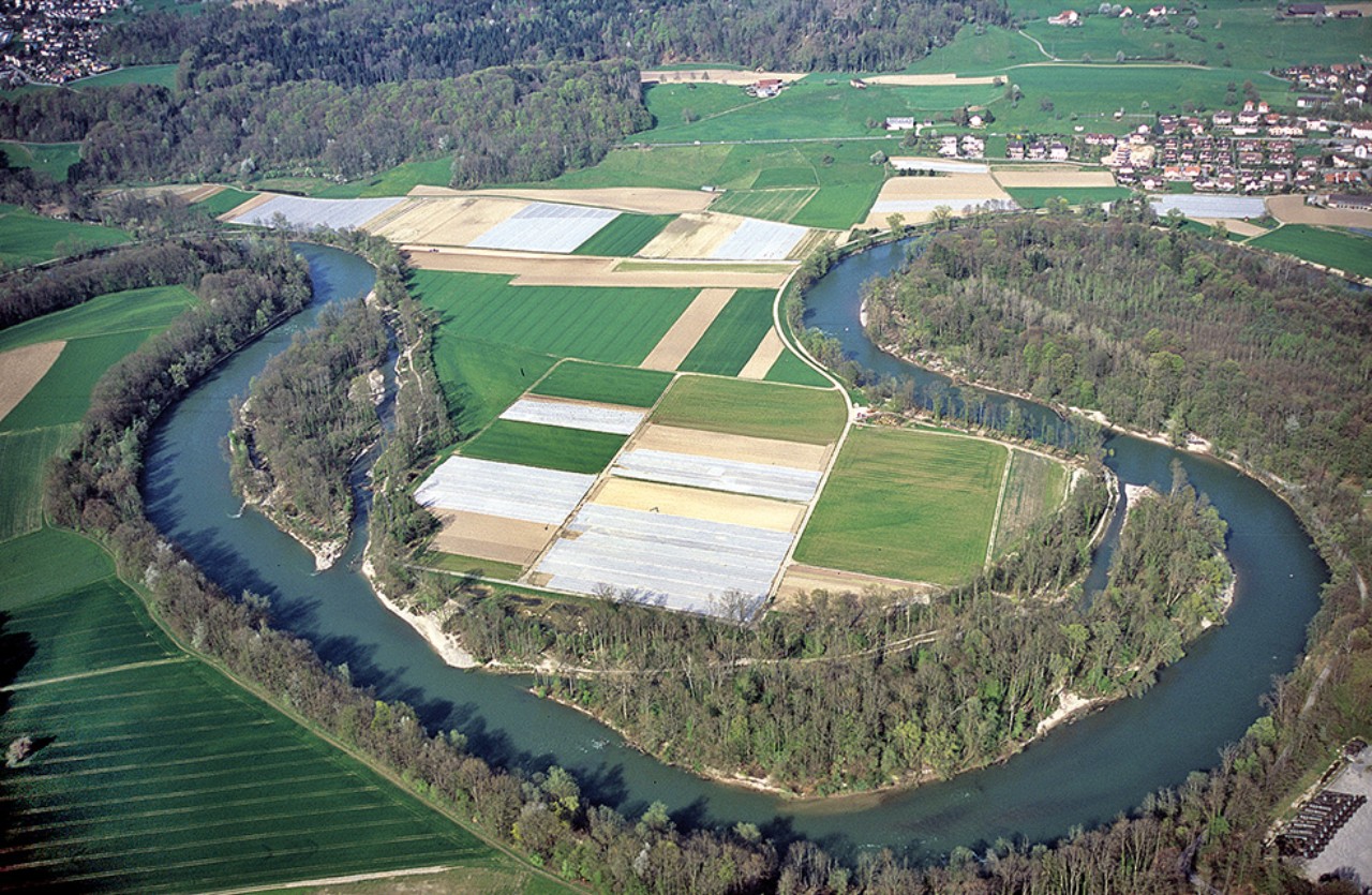 Luftaufnahme der Flussschlaufe Foort bei Eggenwil mit ihren drei neue Seitenarmen.
