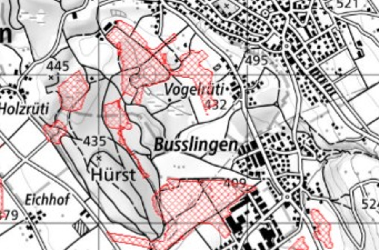 Detailkarte von  Busslingen. Höhenangaben von 409 bis 495 sowie rot markierten Bereichen. Gebäude und Wege sind sichtbar.