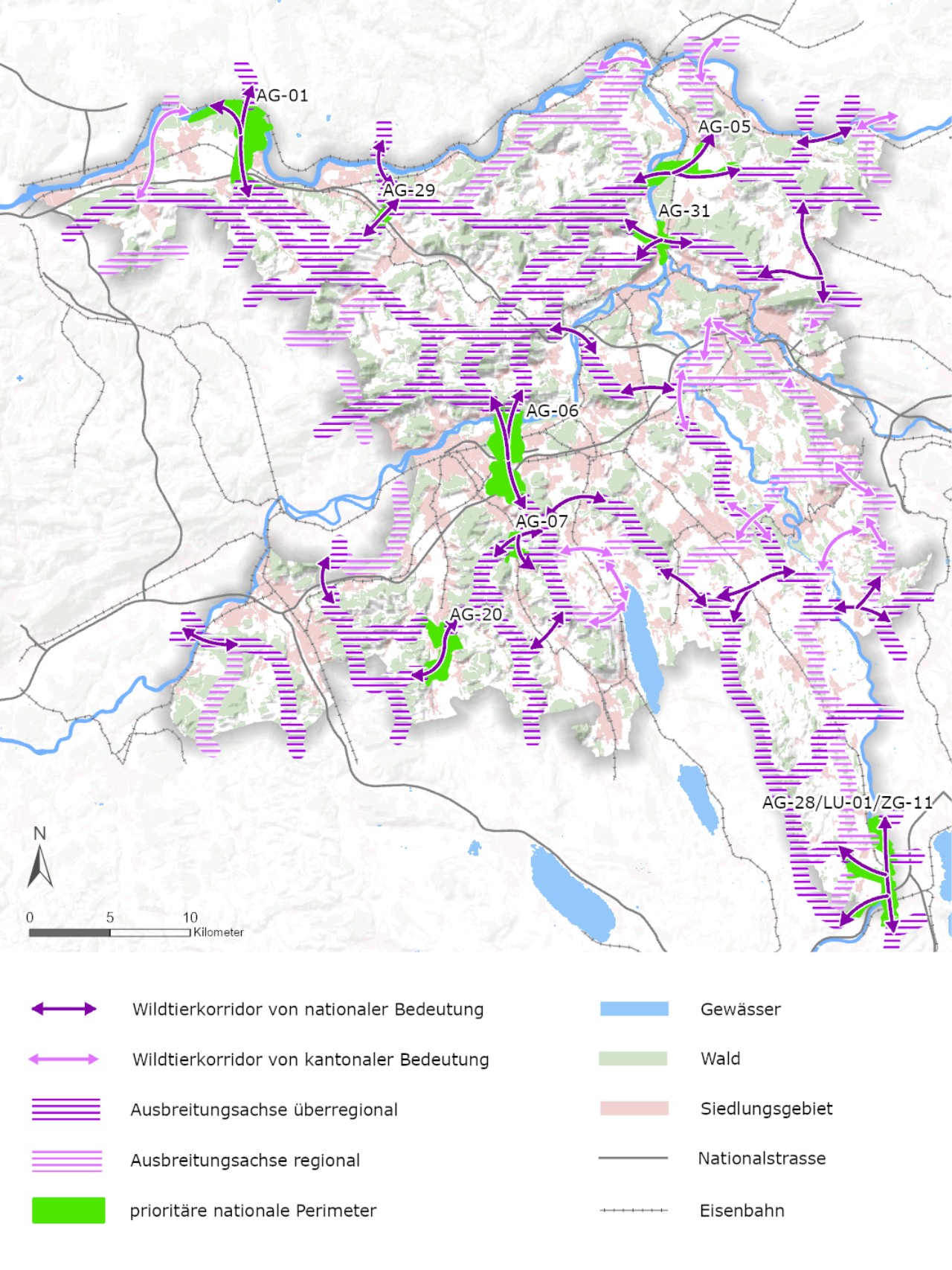 Die schematische Kartez zeigt die Wildtierkorridore nationaler und kantonaler Bedeutung sowie die prioriätr nationalen Korridore