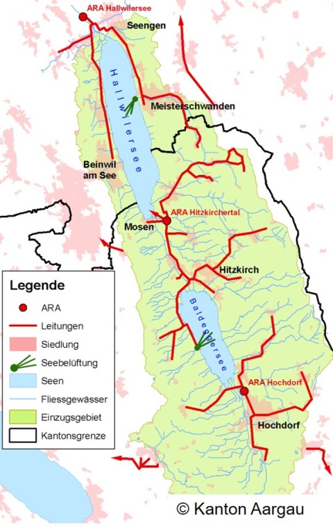 Die Siedlungsentwässerung am Hallwiler- und Baldeggersee mit den wichtigsten Abwasserleitungen und den ARA Hochdorf, Hitzkirchertal und Hallwilersee.