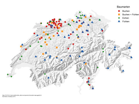 Karte der Schweiz auf welcher die Standorte der Beobachtungsflächen mit Punkten markiert sind.