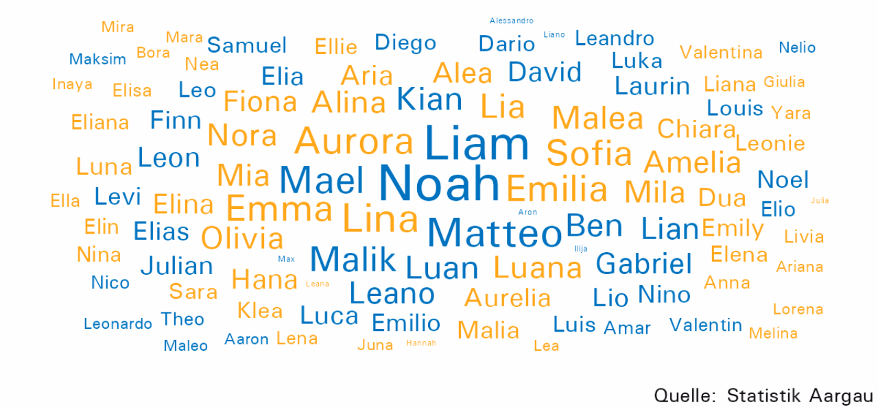 Word Cloud der beliebtesten Namen für Neugeborene im Jahr 205. Die häufig gewählten Namen sind grösser, die weniger häufig genannten Namen sind kleiner. Knabennamen sind in blau, Mädchennamen in orange.