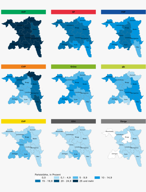 Parteistärke nach Partei und Bezirk, 2020. © Statistik Aargau
