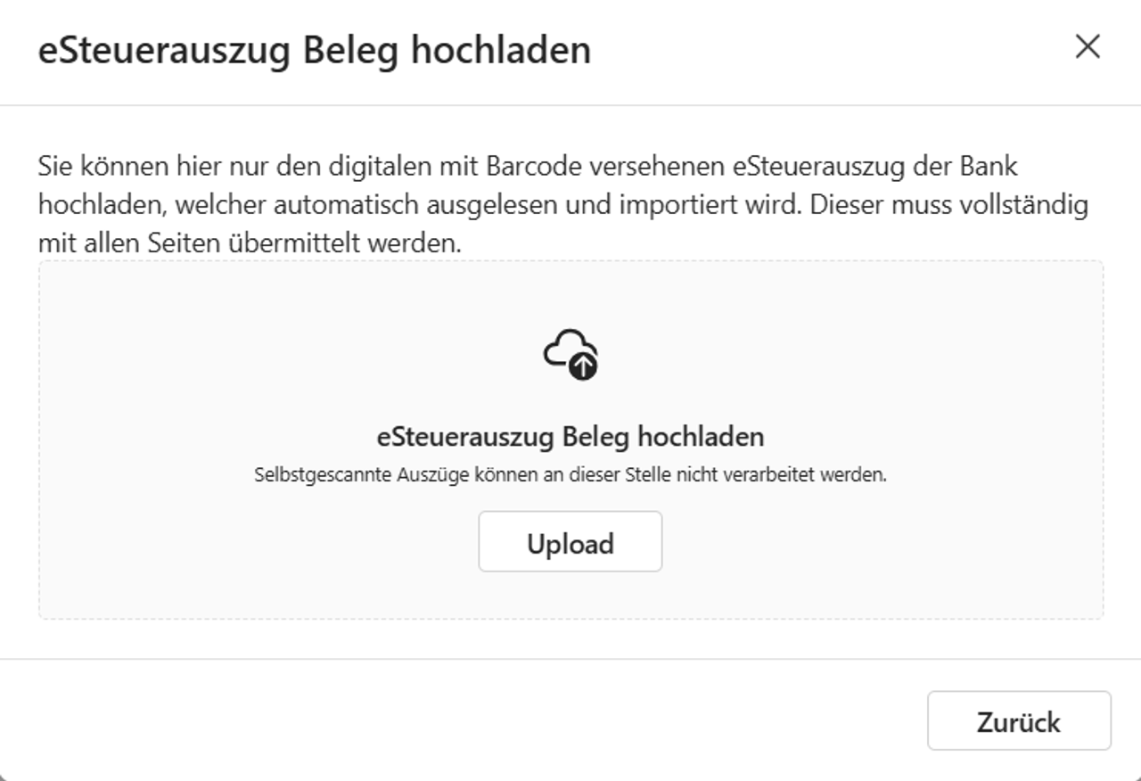 Eine Benutzeroberfläche mit einem Upload-Bereich für digitale eSteuerauszüge mit Barcode. Text erklärt, dass selbstgescannte Auszüge nicht verarbeitet werden können. Schaltflächen: "Upload" und "Zurück".