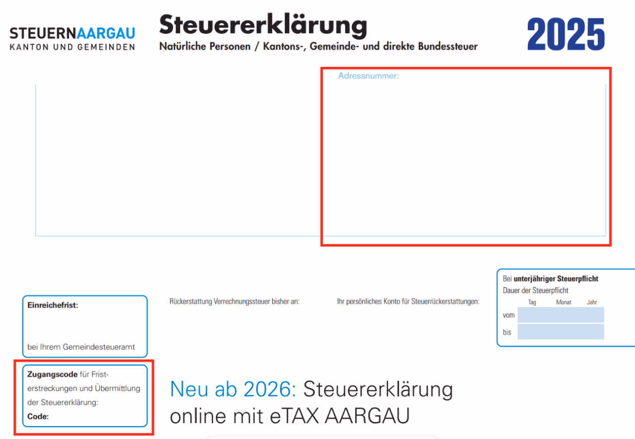 Bild zeigt die erste Seite des Steuererklärungsbogens. Eingekreist sind die Auffindeorte, um die Adressnummer und den Zugangscode zu finden.